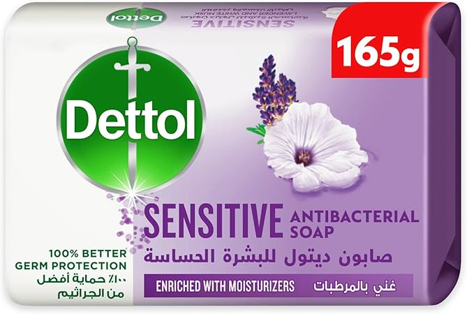 Dettol Sensitive Anti-Bacterial Bathing Soap Bar for effective Germ Protection & Personal Hygiene, Protects against 100 illness causing germs, Lavender & White Musk fragrance, 120g / 165g
