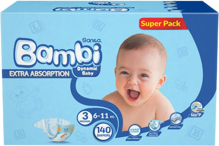 Sanita Bambi Baby Diapers Super Pack, Size 3, Medium, 6-11 kg, 140 Count