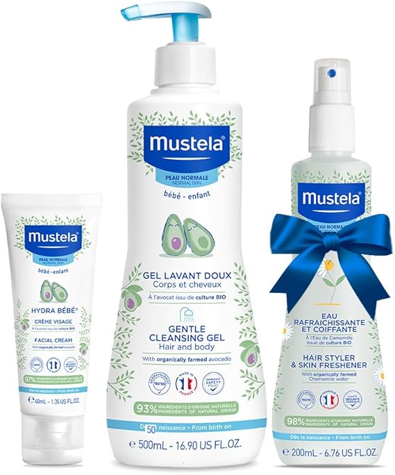 Mustela Cleansing & Hydration Essentials - Baby Skincare & Bath Time Essentials - Natural & Plant Based - 3 Items Set