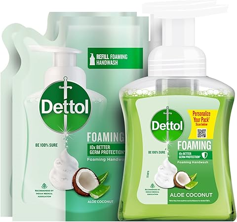 Dettol Foaming Handwash Pump + Refill Combo, Aloe Coconut (250ml + 200ml) Rich Foam Moisturizing Hand Wash Soft on Hands,Green