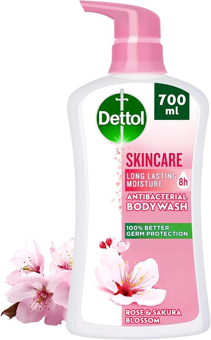 Dettol Skincare Showergel & Bodywash, Rose & Sakura Blossom Fragrance for Effective Germ Protection & Personal Hygiene, 700ml (Packaging may vary)
