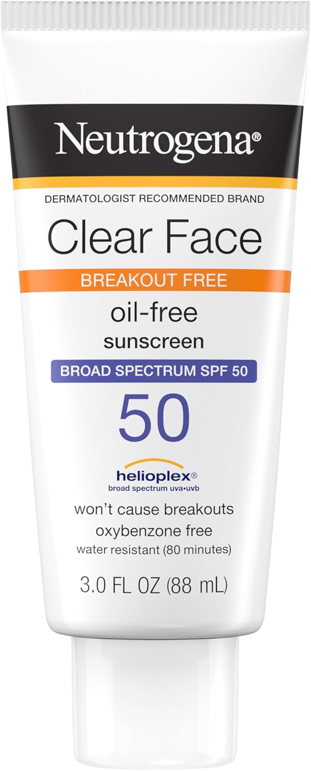 Neutrogena Clear Face Liquid Lotion Sunscreen for Acne-Prone Skin, Broad Spectrum SPF 50 UVA/UVB Protection, Oil-,