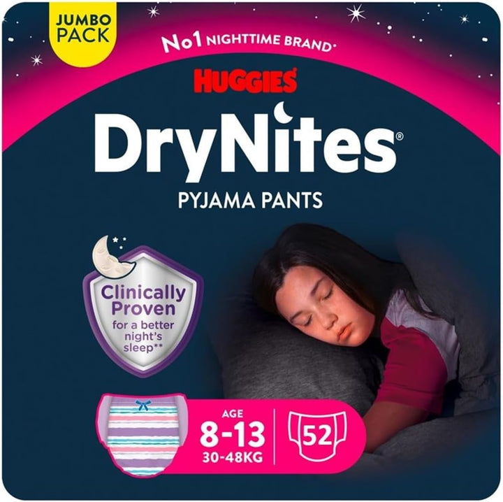 Huggies DryNites Pyjama Pants, 8-13 years, Bed Wetting Diaper, Girls, 30-48 kg, Jumbo Pack, 52 Pants