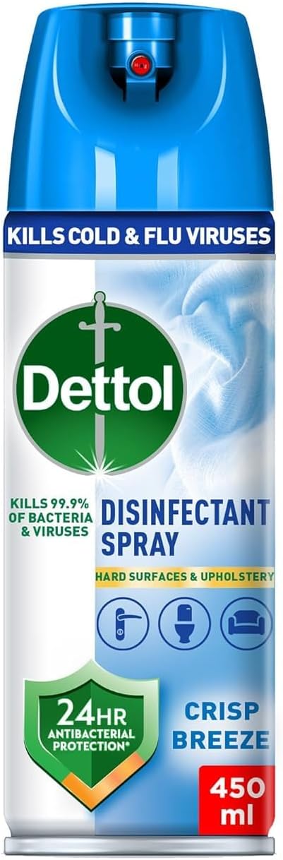 Dettol Crisp Breeze Antibacterial All in One Disinfectant Spray for use on Sofa, Car Seats, Kitchen Surfaces etc. (Kills 99.9% of Bacteria & Viruses), 450ml