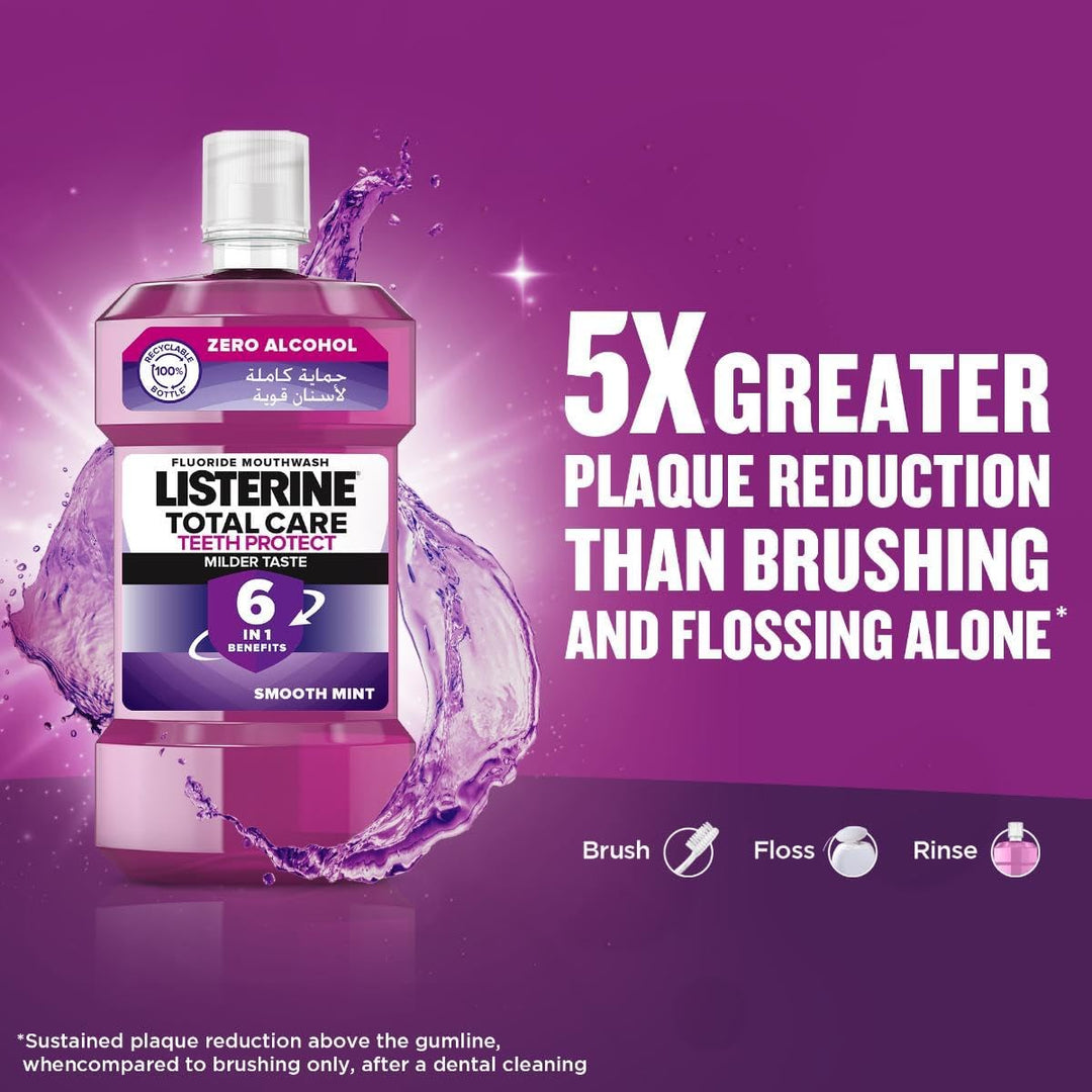 Listerine Total Care Breath Freshening Mouthwash, kills 99% of germs that cause plaque and bad breath, when used twice daily, 500 ml