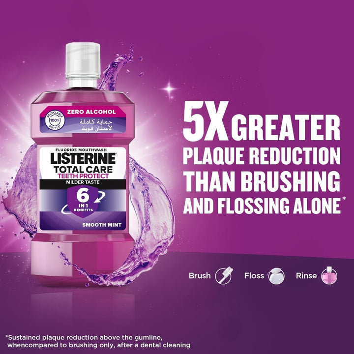 Listerine Total Care Breath Freshening Mouthwash, kills 99% of germs that cause plaque and bad breath, when used twice daily, 500 ml