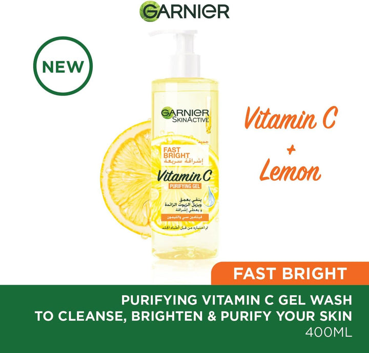 Garnier SkinActive Fast Bright Vitamin C Purifying and Brightening Gel Wash Cleanser For Excess Oils and Impurities Removal with 400 ml