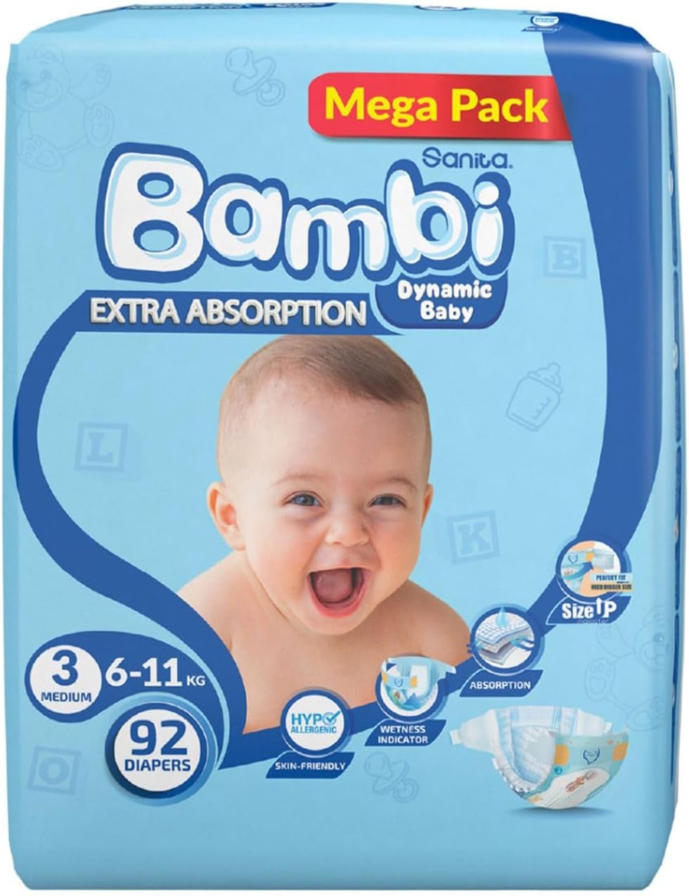 Sanita Bambi Baby Diapers Mega Pack Size 3, Medium, 6-11 KG, 92 Count