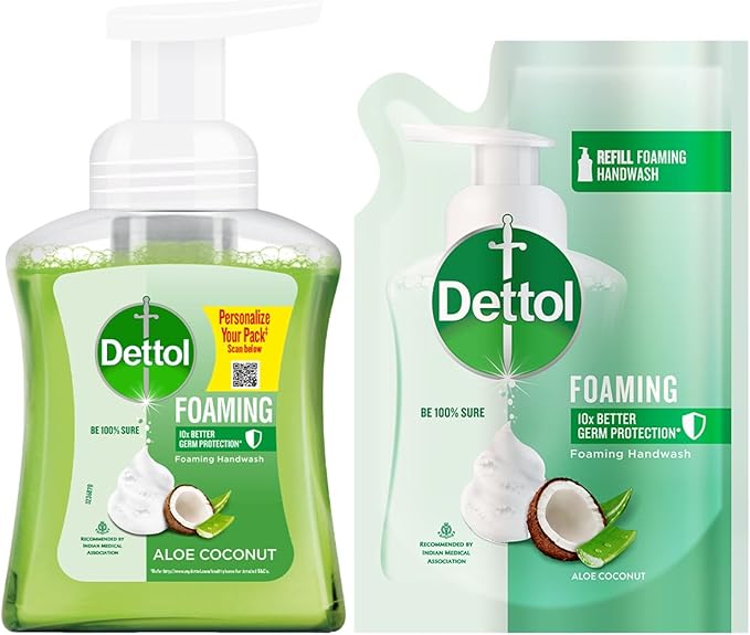 Dettol Foaming Handwash Pump + Refill Combo, Aloe Coconut (250ml + 200ml) Rich Foam Moisturizing Hand Wash Soft on Hands,Green