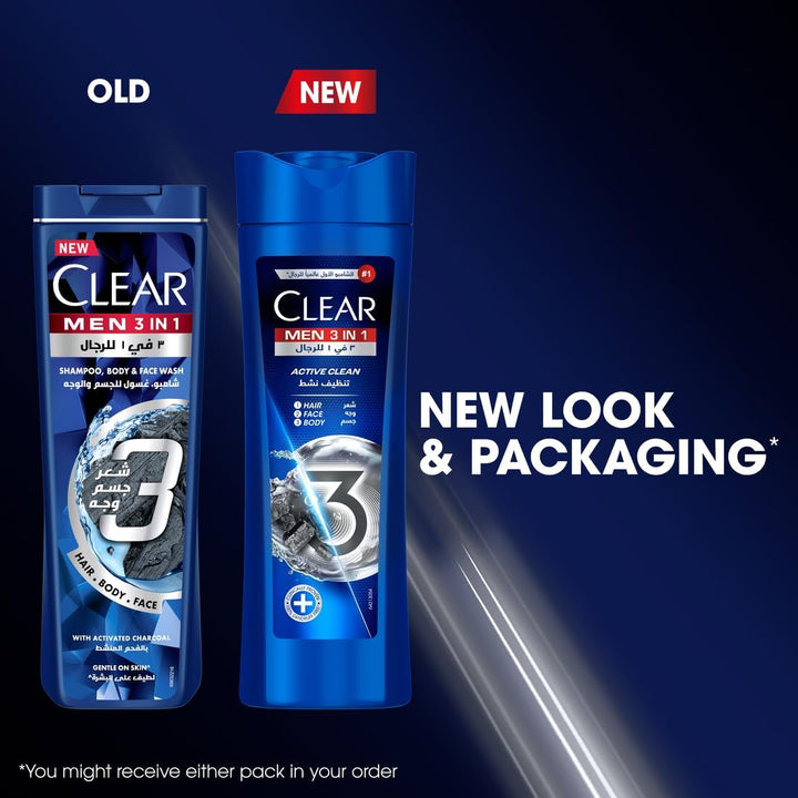 Clear Men Complete Care 3in1 Shampoo For Hair, Face & Body With Activated Charcoal for 100% dandruff free hair and moisturized skin, 400ml Pack of 2, white
