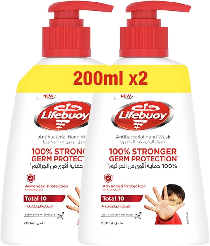 Lifebuoy Antibacterial Hand Wash, Total 10, for 100% stronger germ protection in 10 seconds, 2 x 200ml