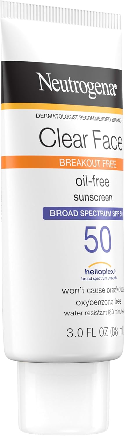 Neutrogena Clear Face Liquid Lotion Sunscreen for Acne-Prone Skin, Broad Spectrum SPF 50 UVA/UVB Protection, Oil-,