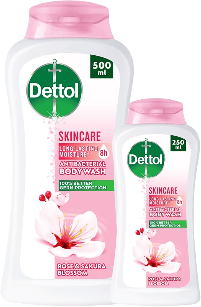 Dettol Skincare Showergel & Bodywash, Rose & Sakura Blossom Fragrance for Effective Germ Protection & Personal Hygiene, 250ml and 500ml (Pack of 2) (Packaging may vary)