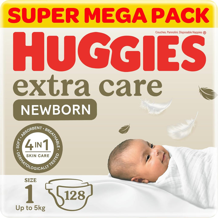 Huggies Extra Care Newborn, Size 1, Up to 5 kg, Twin Jumbo Pack, 128 Diapers