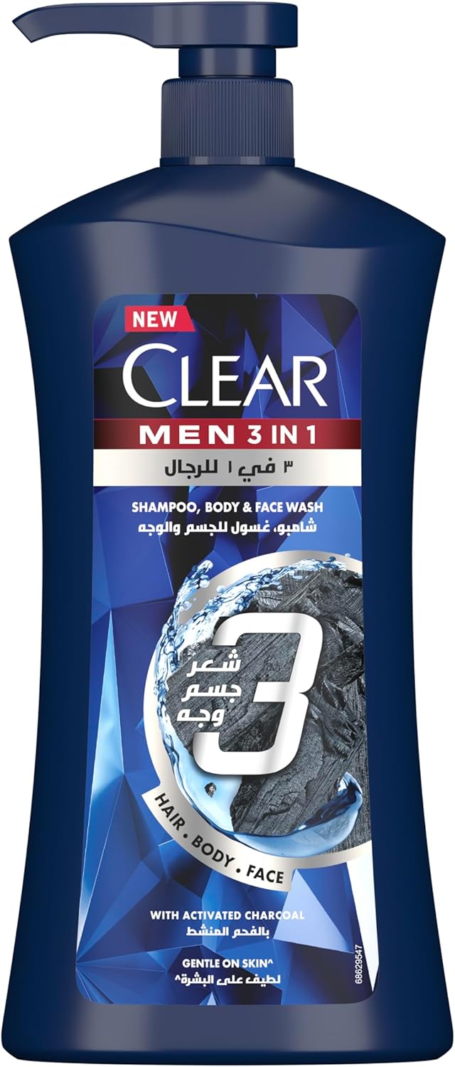 CLEAR MEN Complete Care 3in1 Shampoo, For Hair, Face & Body With Activated Charcoal, 900ml