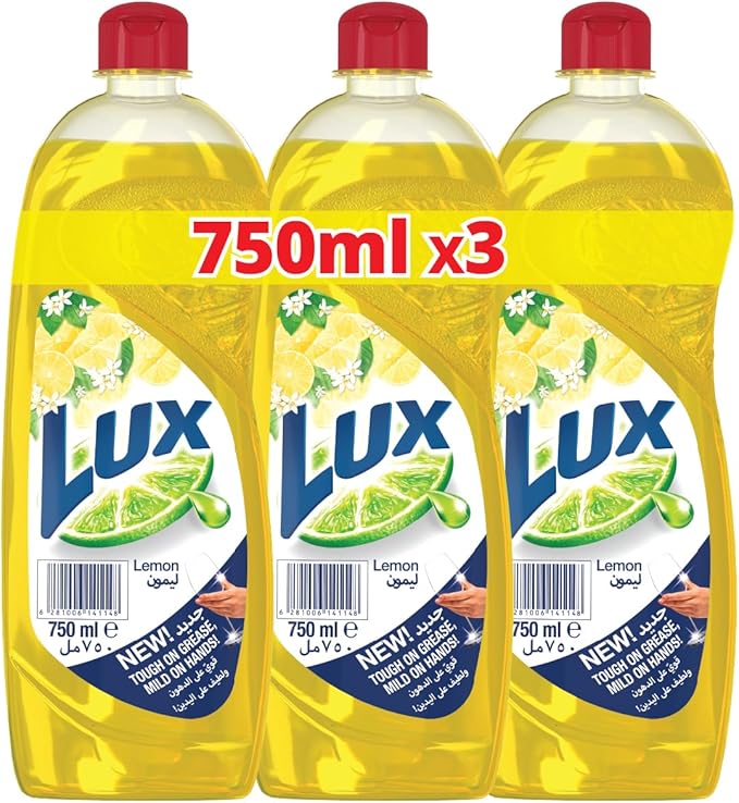 LUX Dishwash Liquid, for sparkling clean dishes, Lemon, tough on grease & mild on hands, 3 x 750ml