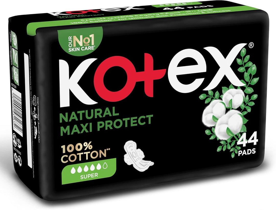 Kotex Natural Maxi Protect Thick Pads, 100% Cotton Pad, Super Size with Wings, 44 Sanitary Pads