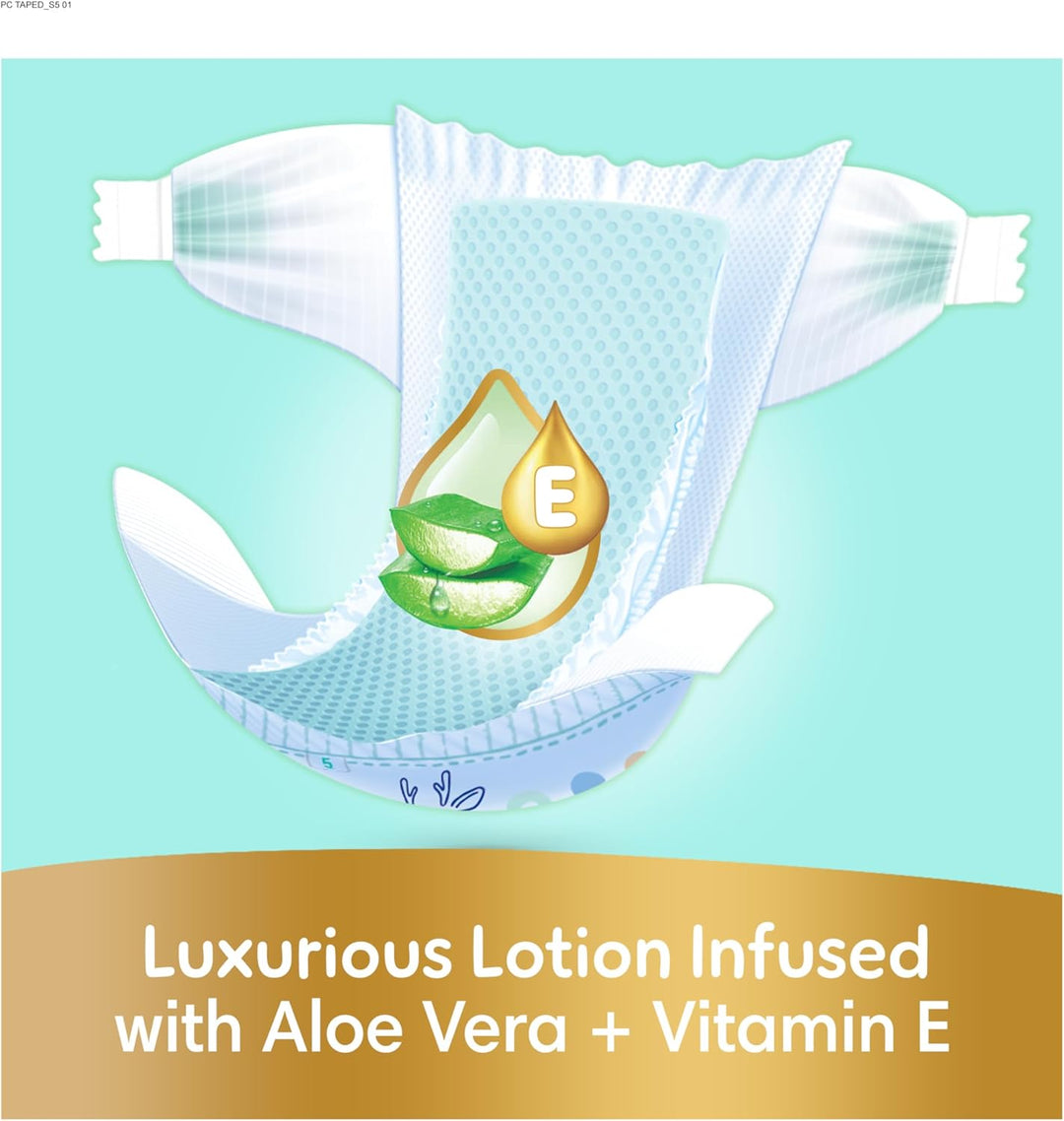 Pampers Ultimate Comfort Taped Diapers, Size 5, 11-16 kg, Lotion infused with Aloe Vera and Vitamin E, x1000 Leak Locks Technology for Leakage Protection, Giant Pack, 112 Count
