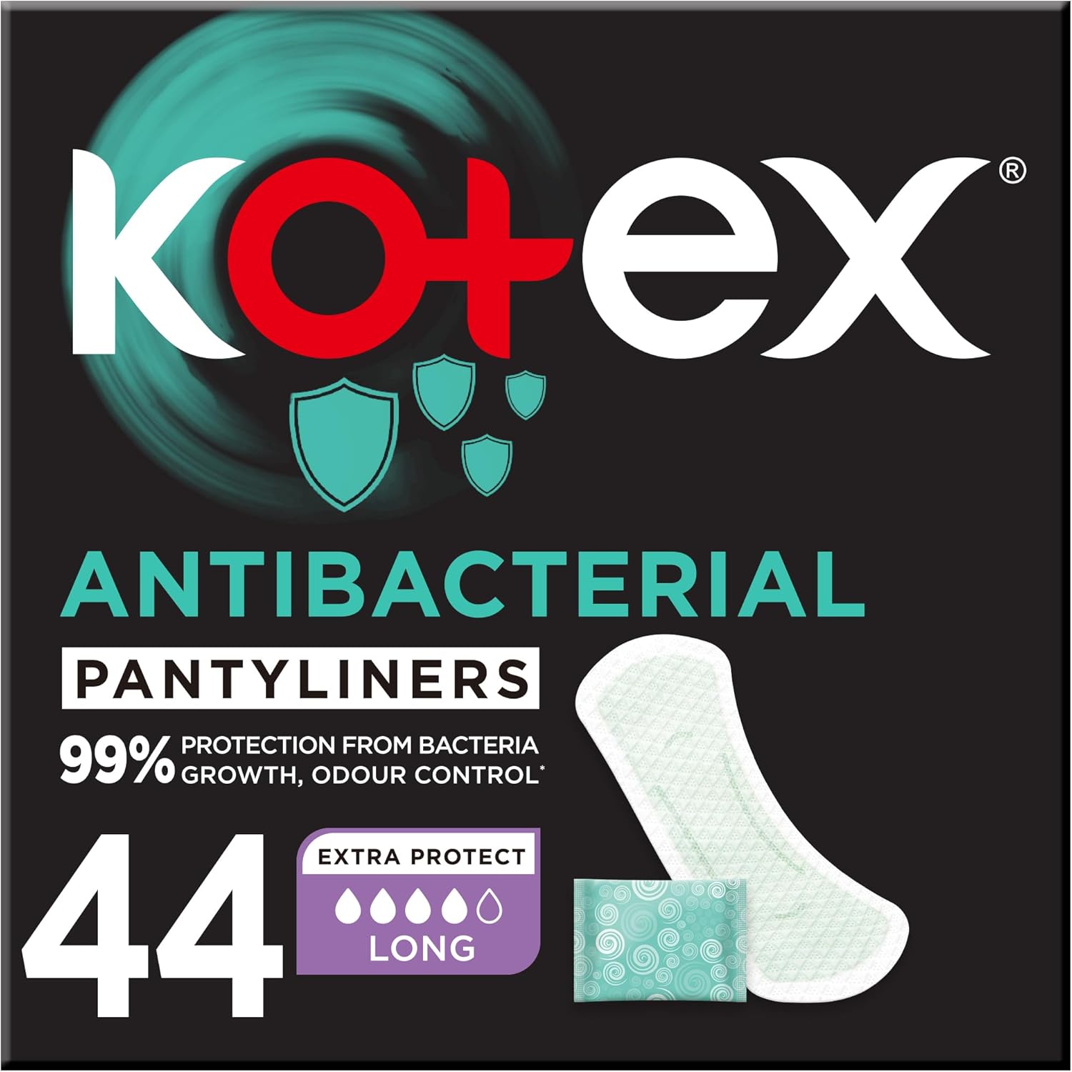 Kotex Antibacterial Panty Liners, 99% Protection from Bacteria Growth, Long Size, 44
