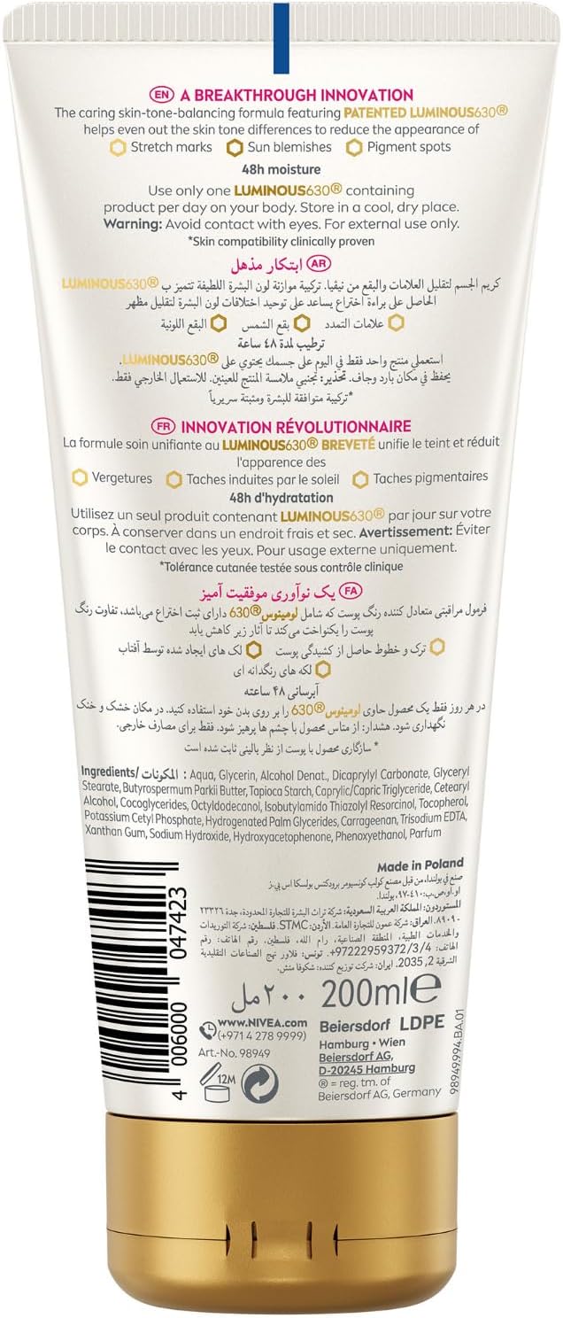 Nivea LUMINOUS 630 Marks and Spots Reduction Body Cream, Even Skin Tone, Reduced Visibility of Stretch Marks, Sun Blemishes