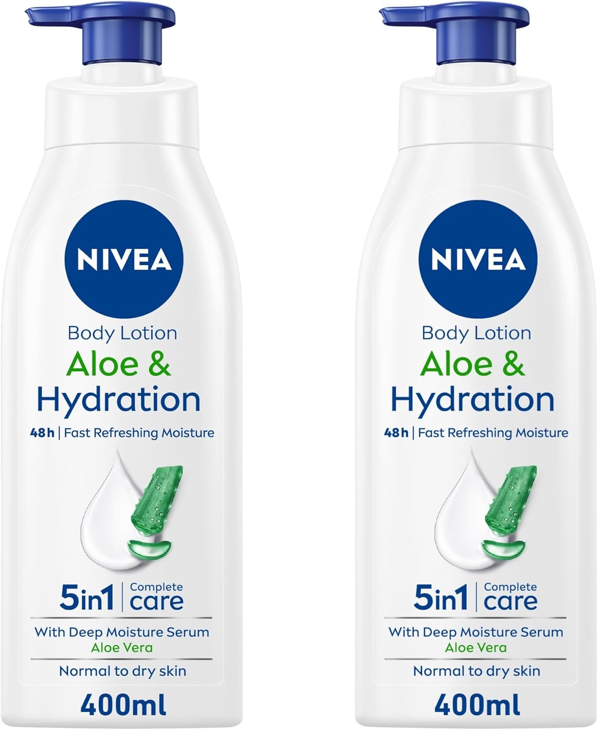 Nivea Body Lotion for Normal to Dry Skin, Aloe & Hydration, 5in1 Complete Care, with Deep Moisture Serum, 48H Fast Refreshing Moisture, 2x400ml