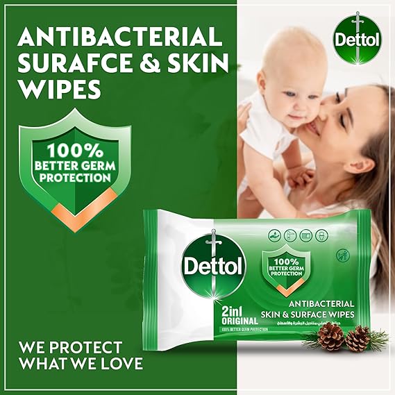 Dettol Original 2 in 1 Antibacterial Skin and Surface Wipes for 100% Better Germ Protection 120pcs