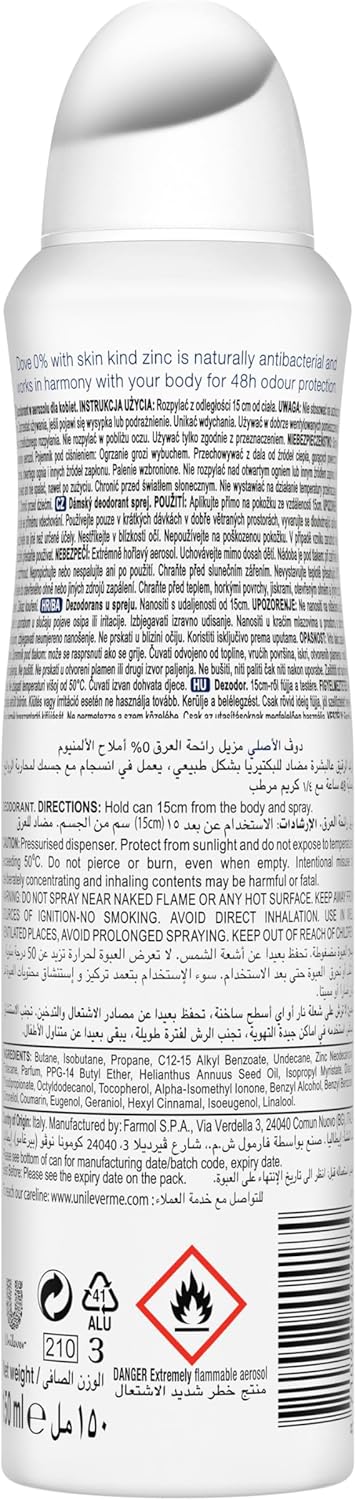 DOVE 0% Antiperspirant Deodorant Spray, Original, 150ml (Pack of 2)