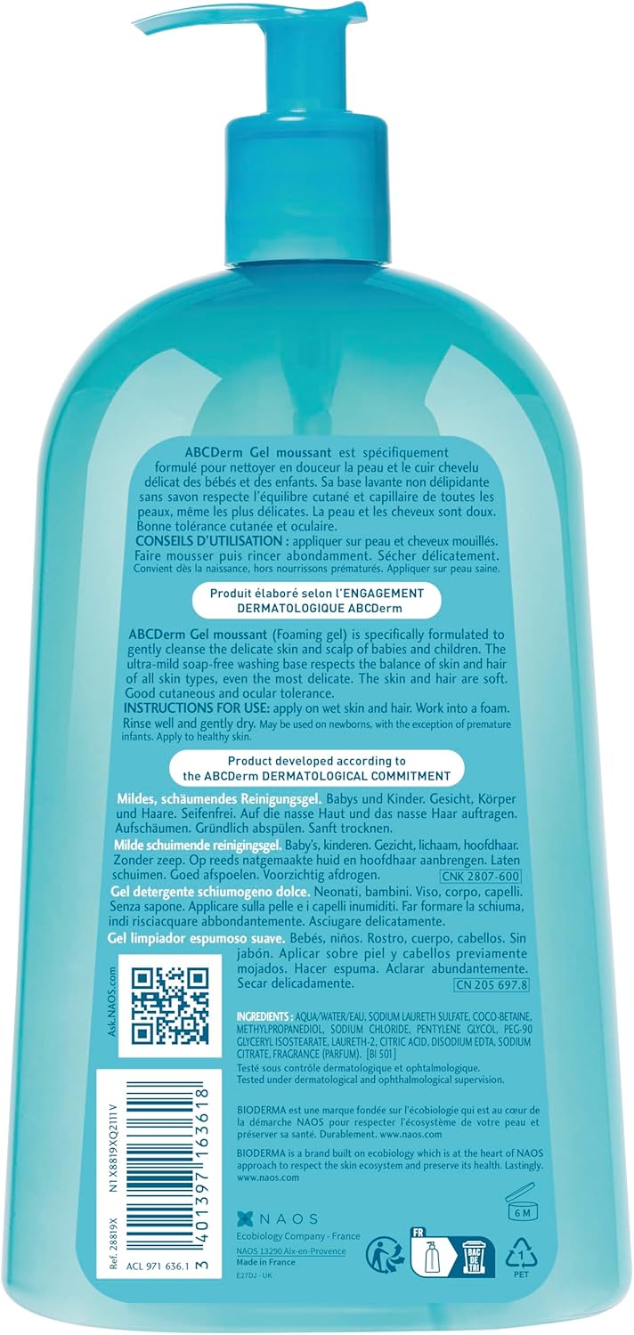 Bioderma Abcderm - Foaming Gel - Baby Wash - Gentle Cleanser - For The Delicate Skin Of Babies And Children
