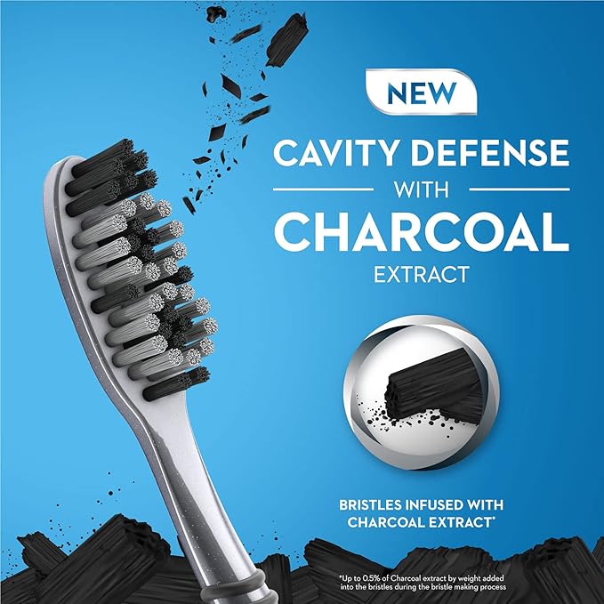 Oral-B Cavity Defense Deep Clean + Whitening Toothbrush with Charcoal Extract Bristles, Tongue Cleaner and Hygienic Head Caps, MEDIUM, Pack of 4.