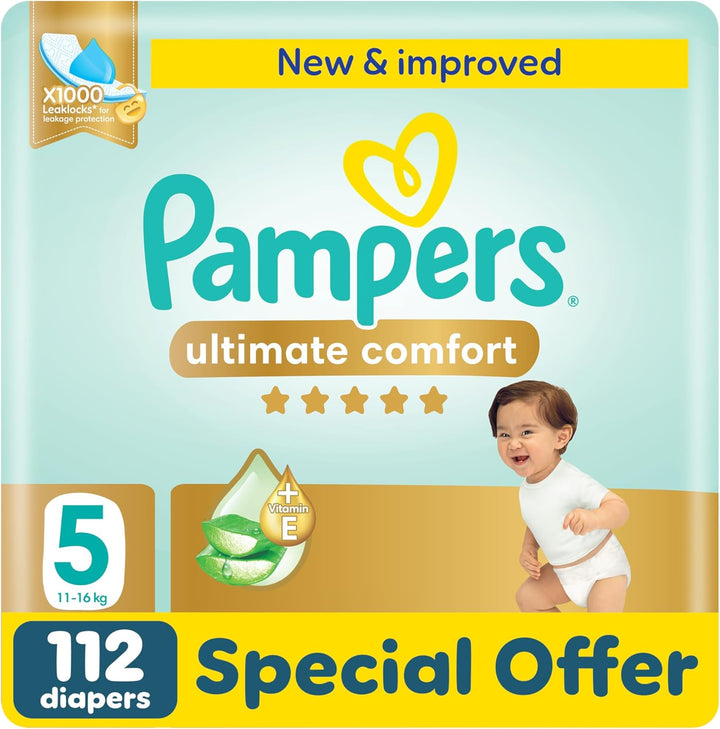 Pampers Ultimate Comfort Taped Diapers, Size 5, 11-16 kg, Lotion infused with Aloe Vera and Vitamin E, x1000 Leak Locks Technology for Leakage Protection, Giant Pack, 112 Count