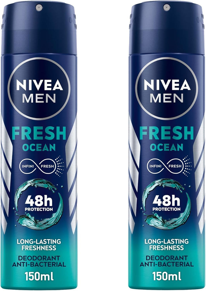 Nivea MEN Deodorant Spray for Men, Fresh Ocean Aqua Scent, 2x150ml