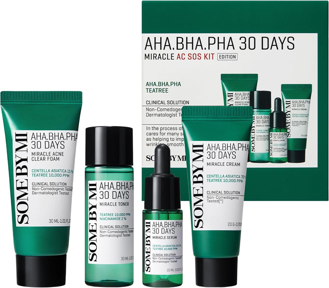 Some By Mi AHA BHA PHA 30Days Miracle AC SOS Kit | Includes Toner 1.01Oz + Serum 0.33Oz + Cream 0.7Oz + Foam 1.01Oz | Mild Exfoliating Daily Skin Care Set For Skin Wastes, Sebum, Oiliness Care