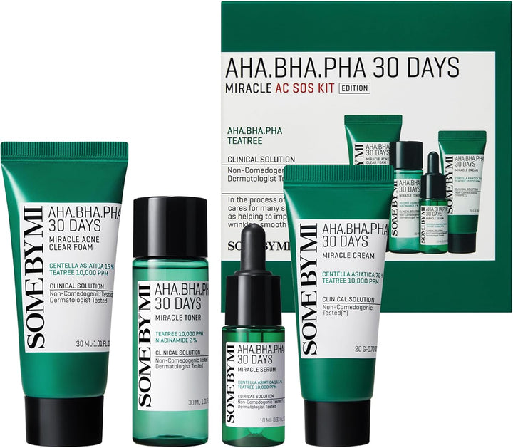 Some By Mi AHA BHA PHA 30Days Miracle AC SOS Kit | Includes Toner 1.01Oz + Serum 0.33Oz + Cream 0.7Oz + Foam 1.01Oz | Mild Exfoliating Daily Skin Care Set For Skin Wastes, Sebum, Oiliness Care