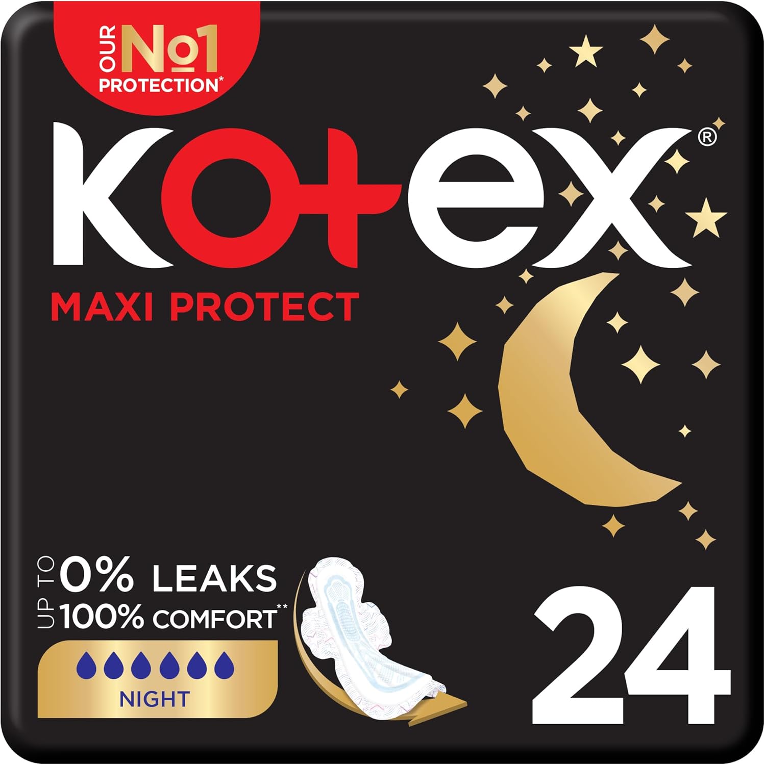 Kotex Maxi Protect Thick Pads, Overnight Protection Sanitary Pads with Wings, 24