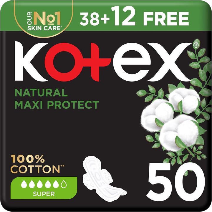 Kotex Natural Maxi Protect Thick Pads, 100% Cotton Pad, Super Size with Wings, 50 Sanitary Pads