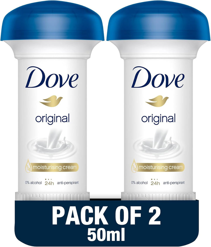 Dove Women Antiperspirant Deodorant Cream, for 24H Protection, Original, Alcohol Free with ¼ Moisturising Cream, 50ml, Pack of 2