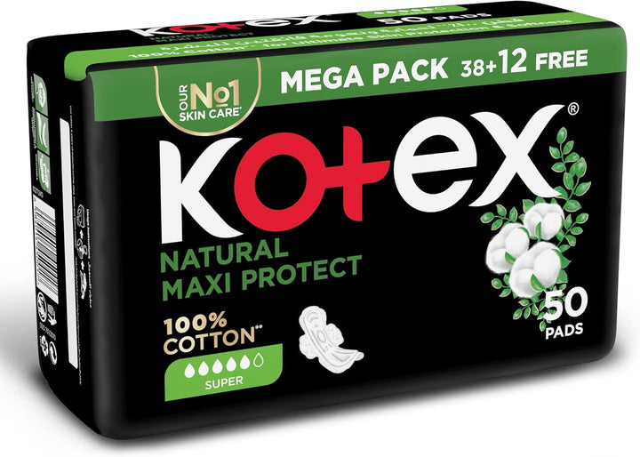 Kotex Natural Maxi Protect Thick Pads, 100% Cotton Pad, Super Size with Wings, 50 Sanitary Pads