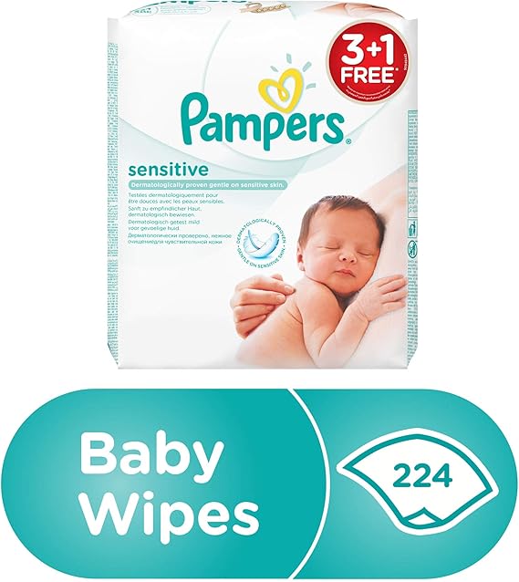 Pampers Sensitive Protect Baby Wipes with 100% Purified Water for Hands and Face, 4 Packs, 224 Count