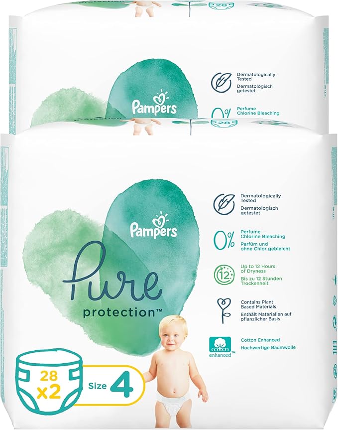 Pampers Pure Protection Dermatologically Tested Diapers, Size 4, 9-14kg, 56 Diaper Count, Pack of 2 Pieces