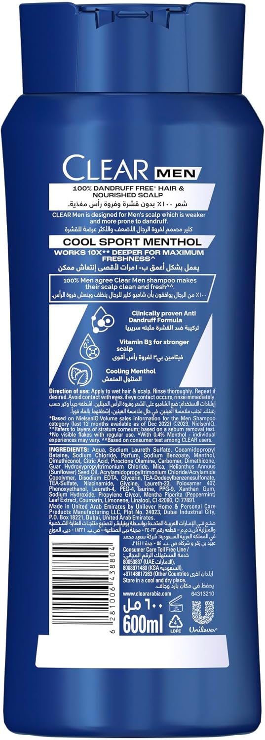 CLEAR Shampoo for men, anti-dandruff shampoo, Cool Sport Menthol, 600 ml