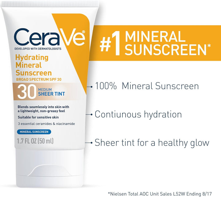CeraVe Tinted Sunscreen with SPF 30 | Hydrating Mineral Sunscreen With Zinc Oxide & Titanium Dioxide | Sheer Tint for Healthy Glow | 1.7 Fluid Ounce