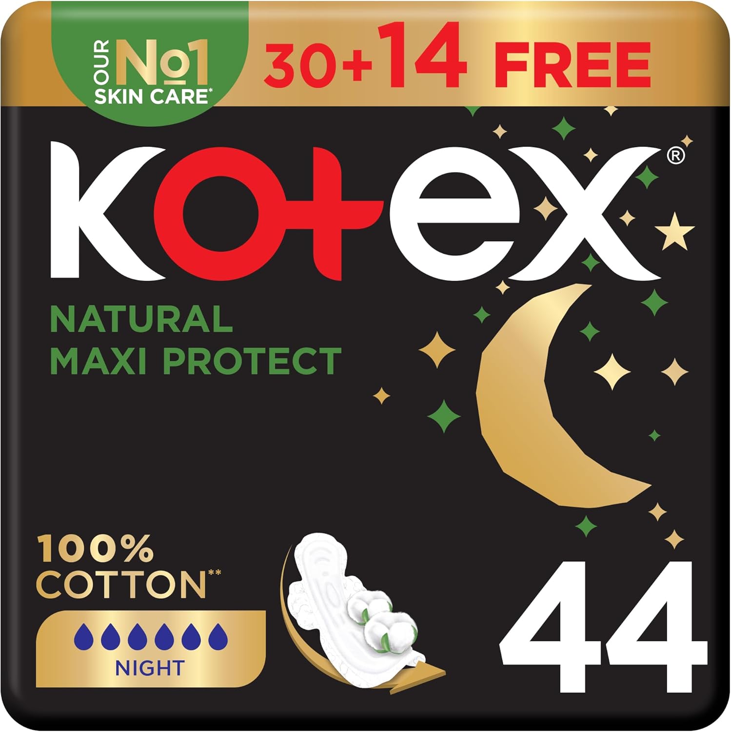 Kotex Natural Maxi Protect Thick Pads, 100% Cotton Pad, Overnight Protection Sanitary Pads with Wings, 44