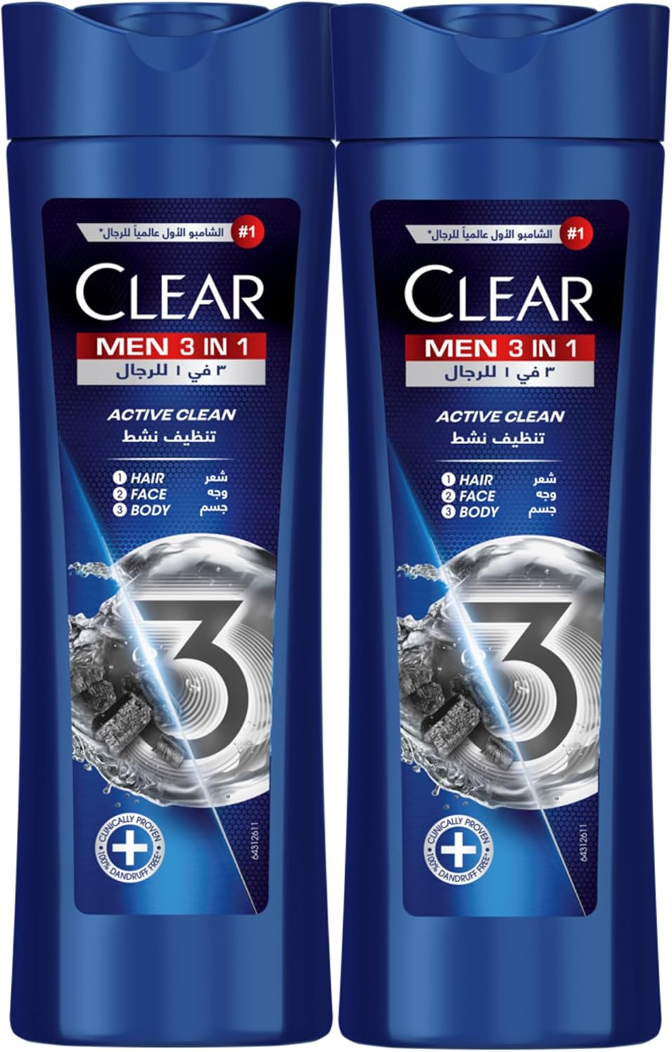Clear Men Complete Care 3in1 Shampoo For Hair, Face & Body With Activated Charcoal for 100% dandruff free hair and moisturized skin, 400ml Pack of 2, white