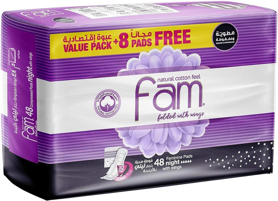 Fam Protect Natural Cotton Feel, Maxi Thick, Folded With Wings,Night Sanitary Pads, 48 Pads