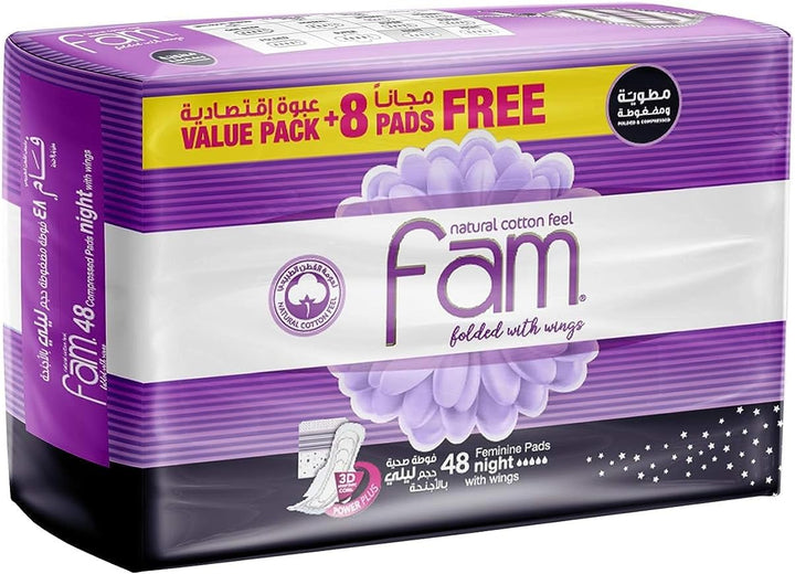 Fam Protect Natural Cotton Feel, Maxi Thick, Folded With Wings,Night Sanitary Pads, 48 Pads