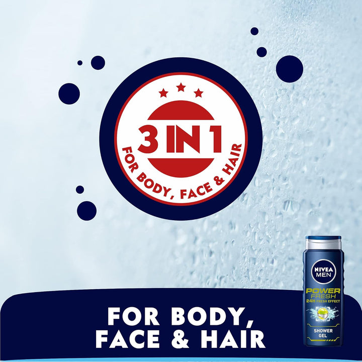 Nivea MEN 3in1 Shower Gel, Power Fresh 24h Fresh Effect Citrus Scent, 500ml