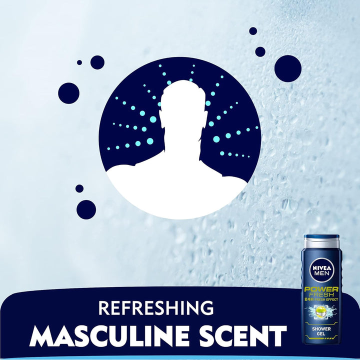Nivea MEN 3in1 Shower Gel, Power Fresh 24h Fresh Effect Citrus Scent, 500ml