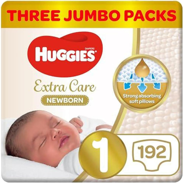 Huggies Extra Care Newborn, Size 1, Up to 5 kg, Twin Jumbo Pack, 192 Diapers