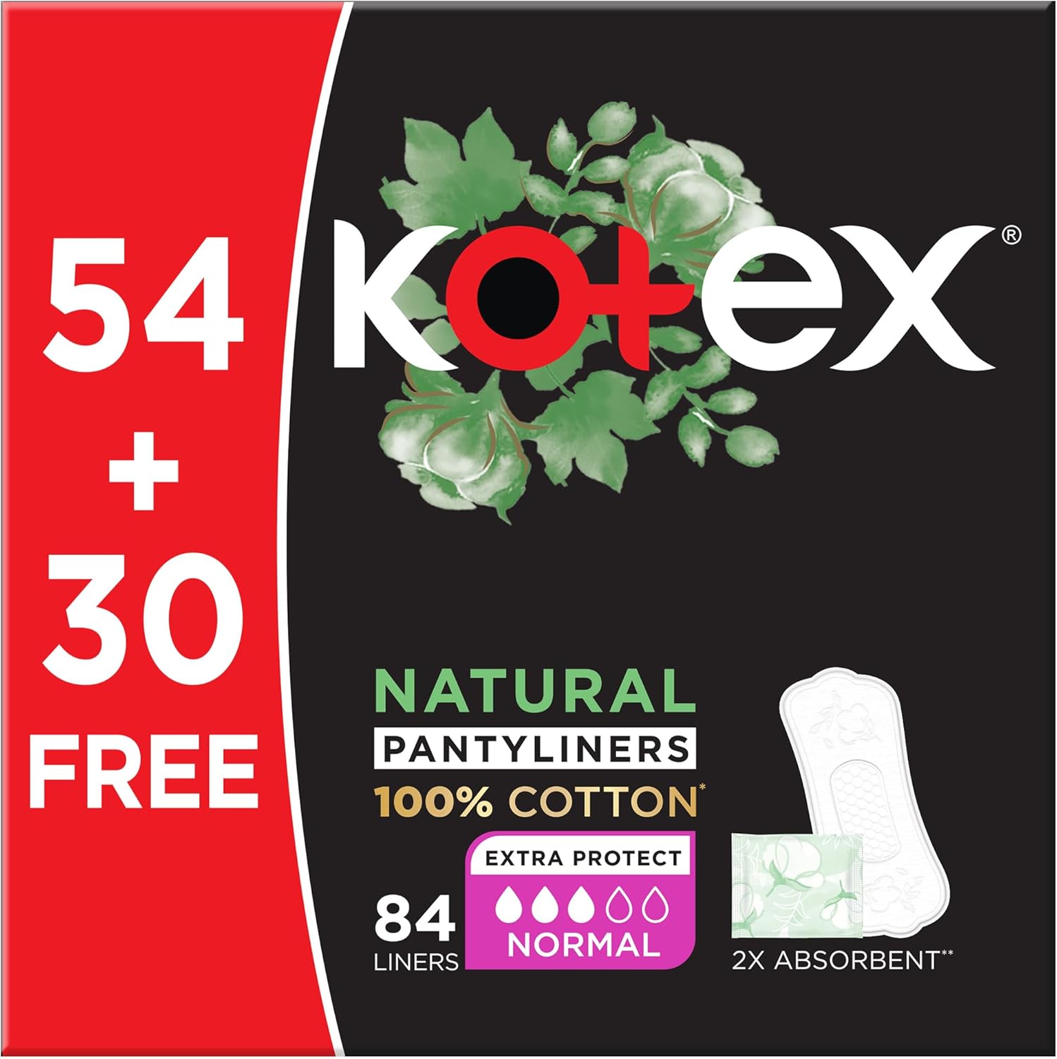 Kotex Natural Panty Liners, 100% Cotton, Normal Size, 84 Daily Panty Liners