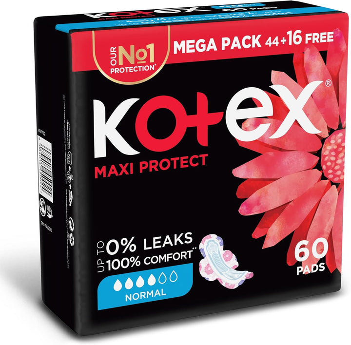 Kotex Maxi Protect Thick Pads, Normal Size Sanitary Pads with Wings, 60